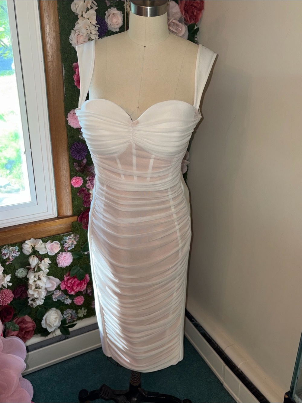 Fashion Nova White Ruched Midi Dress